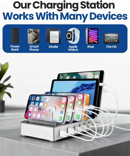 Vista 4 de Estación de carga USB de 6 puertos con 6 cables incluidos, concentrador de carga rápida para iPhone, teléfono celular, tableta, reloj inteligente
