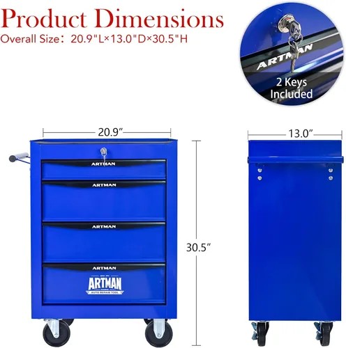 Vista 3 de Runboll Caja de herramientas con 4 cajones con taquilla, 20.9 pulgadas de profundidad de metal movible con cerradura, caja de almacenamiento