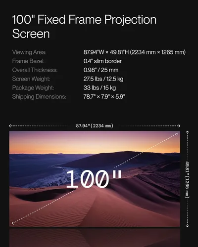 Vista 7 de AWOL VISION Pantalla de proyector gris mate de marco fijo de 100 pulgadas, ángulo de visión de 170°, pantalla 16:9 8K/4K con marco de aluminio