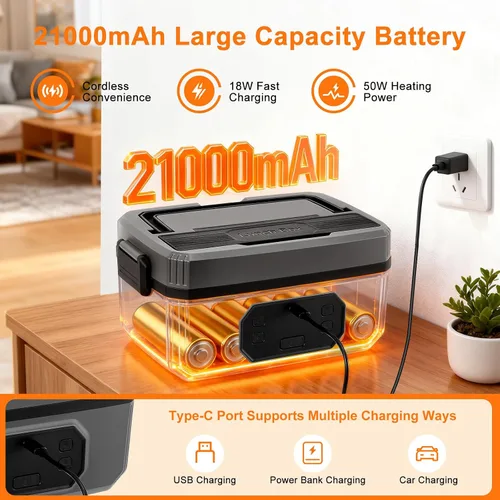 Vista 5 de Fiambrera eléctrica inalámbrica para adultos, 21000 mAh, recargable, con autocalentamiento, 1.2 L, calentador de alimentos portátil con calefacción