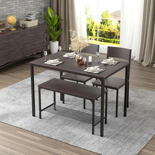 Vista 2 de Juego de mesa de comedor de 4 piezas con 2 sillas y banco, mesa de cocina de madera de 43 pulgadas para el hogar, cocina, comedor, espacio pequeño