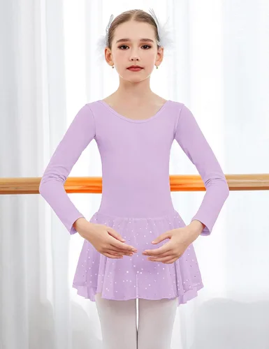 Vista 2 de Arshiner Leotardos de ballet de manga larga para niñas con faldas brillantes, vestidos de baile con espalda cruzada