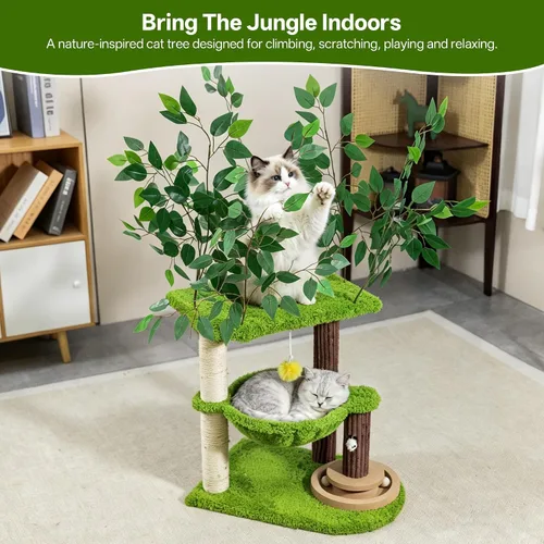 Vista 4 de Woochpet Árbol para gatos de 33.5 pulgadas con hojas para gatos de interior Verde