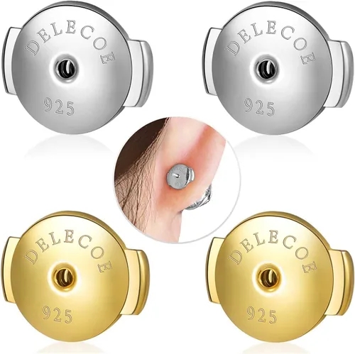 Vista 10 de DELECOE 2 pares de parte trasera de aretes de plata de ley 925, parte trasera de aretes chapados en oro de 18 quilates, hipoalergénica, con bloqueo