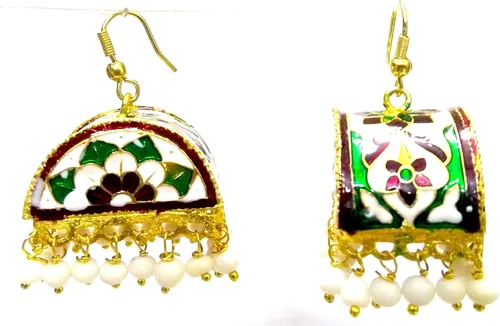 Vista 2 de DESI HAWKER Meenakari Minakari Pintura esmaltada dorada pendiente hecha a mano Bali Jhumki Jhumka Joyería étnica gota colgante araña NI-324, Metal
