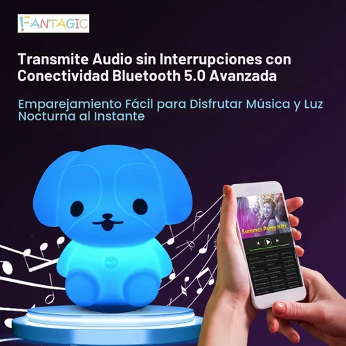 Vista 5 de Altavoz Bluetooth combinado y luz nocturna con 9 emisiones de color, silicona apta para niños y libre de BPA, recarga USB, recibe audio