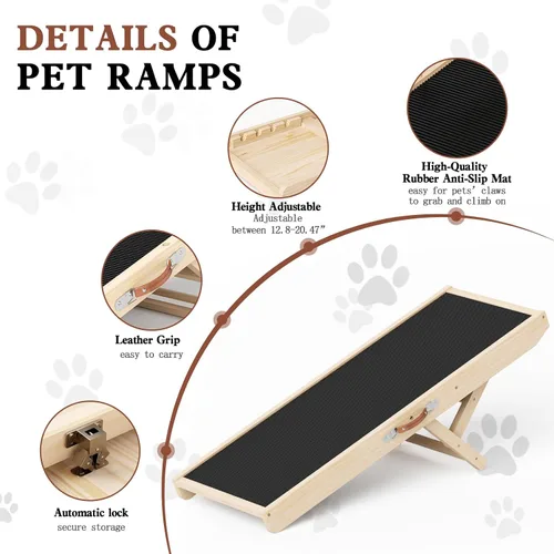 Vista 4 de Rampa para perros para sofá, rampas de madera para mascotas de 39.37" de largo ajustable de 11" a 20.47", rampas plegables para cachorros