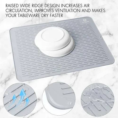 Vista 4 de Tapete de silicona para secar platos para encimera de cocina, extragrande, 23 x 18 pulgadas, resistente al calor, diseño antideslizante, secado Gris