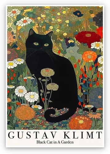 Vista 12 de Thcbme Arte de pared con diseño de gato, divertido diseño vintage de girasoles y gatos negros, póster retro para habitación, estética, sala