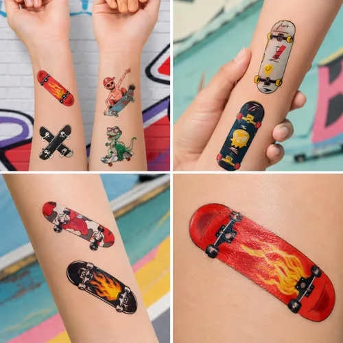 Vista 5 de 96 tatuajes temporales precortados para patineta, decoraciones de fiesta de cumpleaños con temática de patinaje, divertidas calcomanías para niños