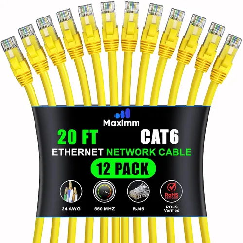 Vista 24 de Maximm Cable Ethernet Cat6 de 7 pies, 10 Gbps 550 MHz, negro, paquete de 12