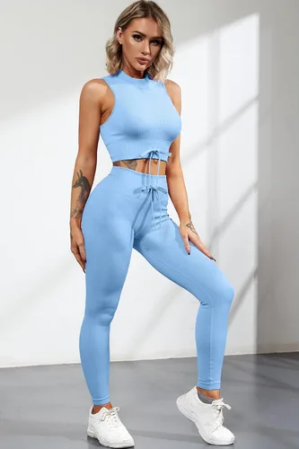 Vista 5 de QINSEN Conjuntos de entrenamiento acanalados para mujer sin costuras cuello alto brasier deportivo con control de abdomen leggings de yoga de 2
