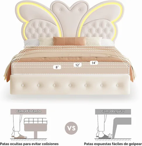 Vista 5 de Keyluv Marco de cama Queen con cabecera tapizada con patrón de mariposa, cama flotante moderna con luces LED, botones tapizados en cabecera y Beige