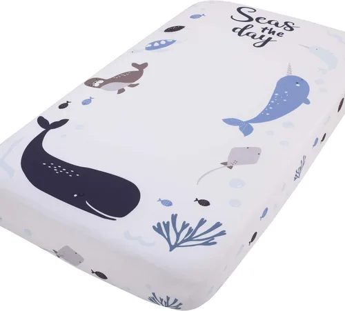 Vista 11 de NoJo Sleepysaurus - Sábana bajera ajustable para cuna, 100% algodón, diseño de hojas de dinosaurio azul, amarillo, gris y blanco