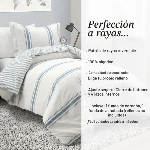 Vista 9 de Lush Decor Funda de Edredón Reversible de Algodón a Rayas Estilo Granja Twin XL Juego de 2 Piezas Azul - Juego de Ropa de Cama Twin XL - Funda