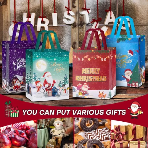 Vista 3 de Fayayuan Paquete de 16 bolsas de regalo de Navidad de tamaño mediano, bolsas reutilizables no tejidas con asas, perfectas para envoltura