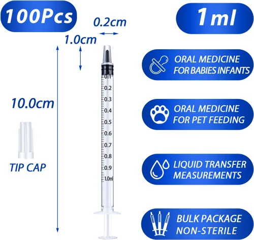 Vista 2 de Paquete de 100 jeringas de 1 ml con tapa para líquido, jeringas pequeñas de plástico de 1 cc con cubierta, no estériles, sin aguja