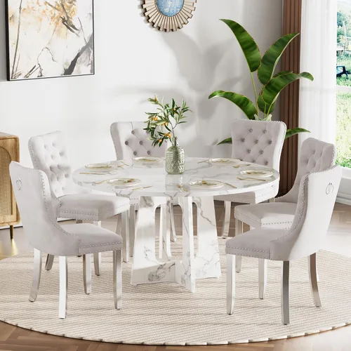 Vista 48 de Mesa de comedor redonda estilo granja para 6, mesa de cocina circular de 47" MDF con acabado de grano de madera, mesa de cocina y comedor de madera