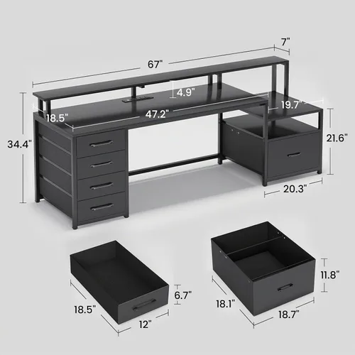 Vista 2 de SEDETA Escritorio para computadora con 5 cajones, toma de corriente, luces Negro con luces LED