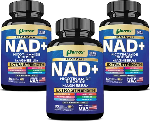 Vista 10 de Suplemento NAD+ con NAD liposomal, ribósido de nicotinamida, magnesio, vitamina B3 y B12, resveratrol, cúrcuma, Ashwagandha, melena de león, fuerza