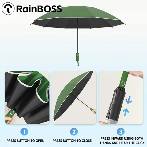 Vista 4 de RainBOSS Automatic Travel Umbrella with 10 Ribs, Large Windproof Umbrellas for Rain & Sun, Compact Folding Inverted Umbrella with Reflective Stripe