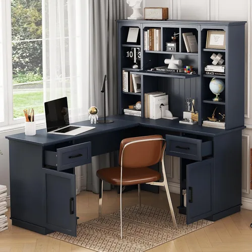 Vista 3 de RUNNA Escritorio para computadora en forma de L para el hogar y la oficina con almacenamiento (azul antiguo # 048)