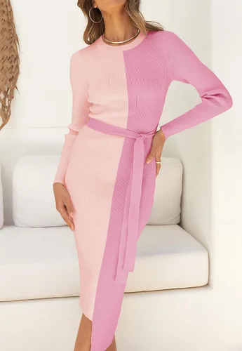 Vista 8 de ZESICA Vestido de punto acanalado para mujer, elegante vestido de manga larga con cuello redondo y lazo en la cintura ajustado ajustado