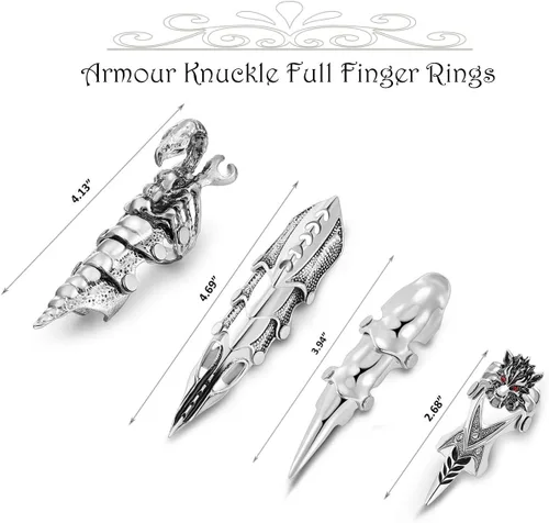 Vista 4 de Jovivi - Anillo de fantasía para hombre, diseño de nudillos de armadura plateada, doble lazo, punk, rock, gótico, genial, 1-4 piezas