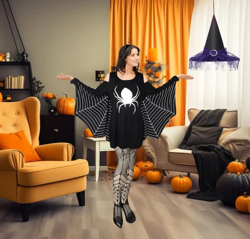Vista 7 de ZANLER Disfraz de araña de 3 piezas para mujer, Halloween, diadema negra, capa de araña, vestido de Halloween, tela de araña, medias largas hasta