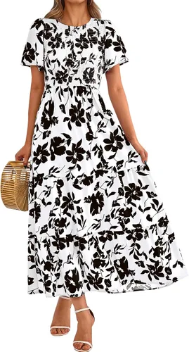 Vista 28 de PRETTYGARDEN - Vestido largo casual de verano para mujer, manga corta acampanada, bohemio, floral, cuello redondo, vestido blusón, escalonado