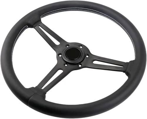 Vista 8 de Volante de 14 pulgadas/350 mm de cuero genuino con radios plateadas, volante de carreras de deriva plana, con costuras blancas
