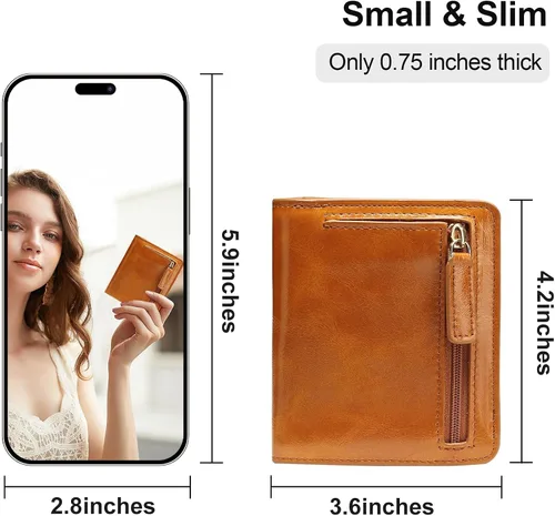 Vista 2 de Itslife - Cartera de piel con cierre de cremallera para mujer, tamaño pequeño, con ventana para identificación, marrón (Waxed Brown)), 1301