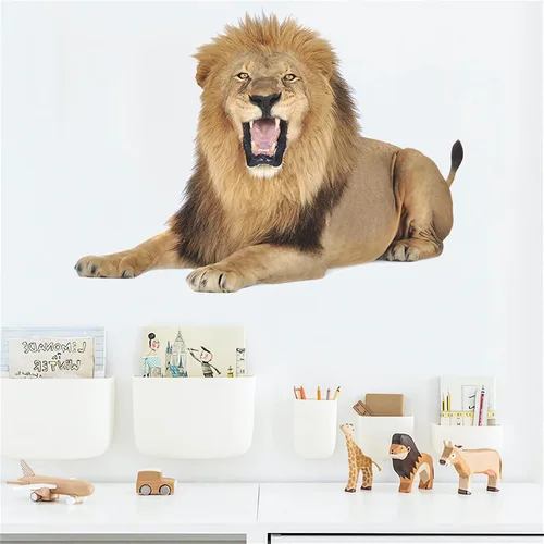 Vista 2 de Calcomanías de pared con texto en inglés "The Fierce Leon", calcomanías de pared de animales salvajes extraíbles para sala de estar, dormitorio