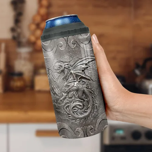 Vista 5 de winorax Vaso de dragón 4 en 1 para enfriar latas estilo metal Fossil Dragon Lover Viking Celta, taza de viaje de 12 onzas de acero inoxidable