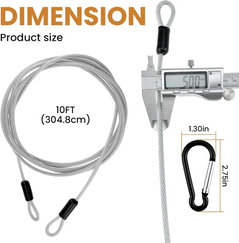 Vista 2 de Cable de seguridad de acero inoxidable de 10 pies y 0.197 in con ganchos, cable flexible trenzado de doble bucle recubierto de acero