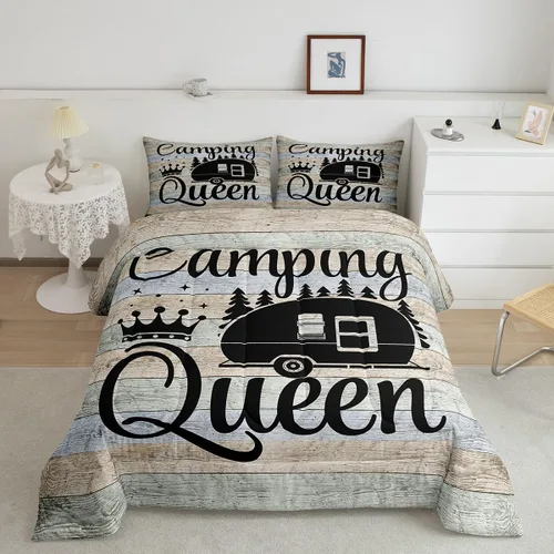 Vista 17 de Juego de ropa de cama con temática de cámper, juego de edredón de cabaña de madera marrón y verde, tamaño matrimonial, 3 piezas, decoración de Multi