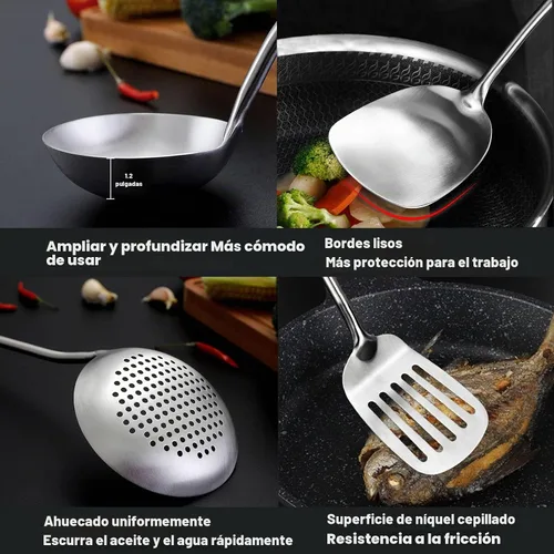 Vista 4 de Wok Utensilios para acero al carbono, espátula de wok de acero inoxidable de 17 pulgadas