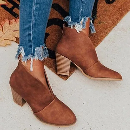 Vista 2 de Botas para mujer, botas de plataforma retro sin cordones con corte en V para mujer, botas de tobillo con punta puntiaguda, botas cortas casuales