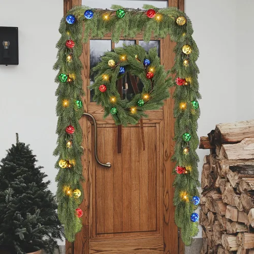 Vista 7 de Ceenna Guirnalda de cedro de Navidad preiluminada de 6.2 pies con luces, guirnalda de pino artificial con adornos de bolas, 8 modos de temporizador