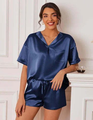Vista 3 de Ekouaer Conjunto de pijama de satén de seda con cuello en V para mujer, conjunto de pijama de 2 piezas