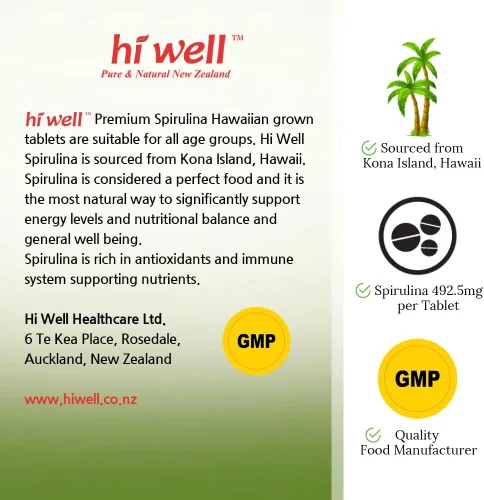 Vista 6 de Hi Well Premium Spirulina Hawaiian Grown 500Tablets
