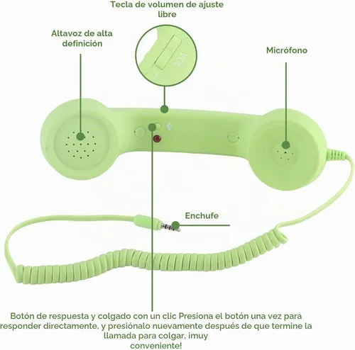 Vista 8 de Auricular de teléfono retro, auricular telefónico para celular con conector de 3.5mm, receptor de teléfono móvil, auricular de teléfono antiguo Verde