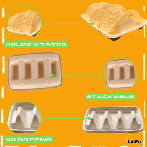 Vista 4 de Soporte desechable para tacos - Paquete de 25 platos biodegradables para tacos, kit de tacos, suministros para fiestas de tacos, bandeja de tacos