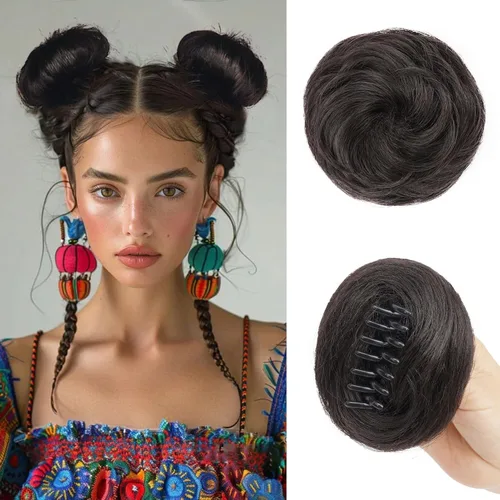 Vista 9 de Extensiones de moño espacial para mujer, 2 piezas de extensiones de moño de cabello falso natural, clip de garra, moño de pelo sintético