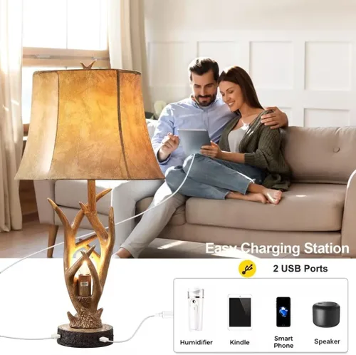 Vista 5 de Dungoo Juego de 2 lámparas de mesa rústicas de ciervo occidental con luz nocturna, lámparas de noche rústicas de 26 pulgadas para dormitorio con 2