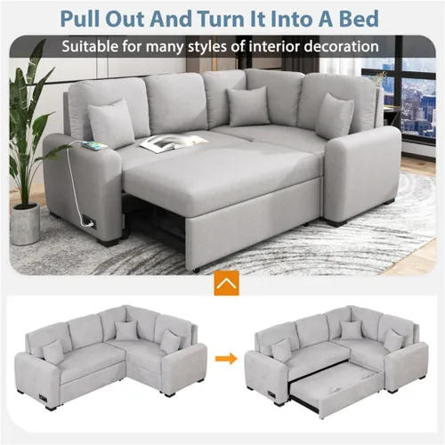 Vista 4 de LHLLHL Sofá cama seccional con puerto de carga USB y salida de enchufe, sofá cama extraíble, diván en forma de L pequeño apartamento