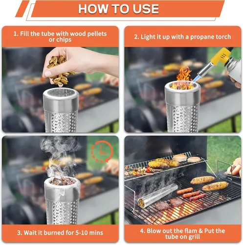 Vista 3 de Tubo de ahumador de pellets para parrilla de gas, tubo de humo de acero inoxidable de 12 pulgadas para ahumar en caliente o frío, 5 horas de humo