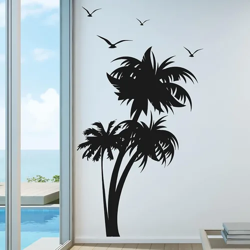Vista 6 de Innovative Stencils 1132 84 mblack mirror Palm Coconut Tree Nursery Wall Decal with Seagull Birds, color blanco
