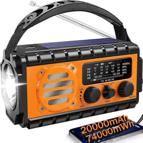 Vista 10 de Radio de emergencia con manivela de 20000 mAh, radio meteorológica SW/NOAA/AM/FM, cargador de manivela alimentado por energía solar con batería