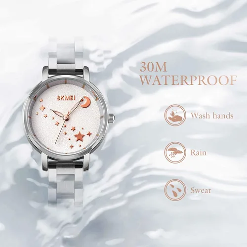 Vista 7 de SKMEI Reloj de mujer rectángulo oro rosa plata acero inoxidable impermeable cuarzo analógico Classic Blanco